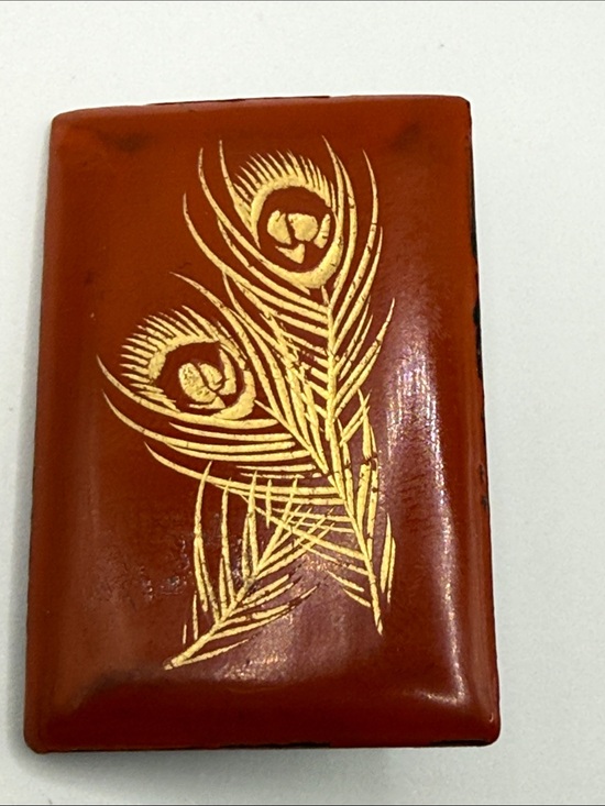 Jewelry - Antique lacquer Estate etched Peacock Feather Red Rectangular pin brooch deco